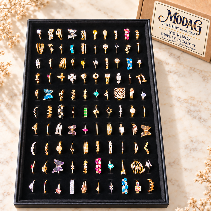 Mixed Gold-Tone & Colourful Rings — Assortment A — Display of 100 — MODA G Jewellery wholesale packaging