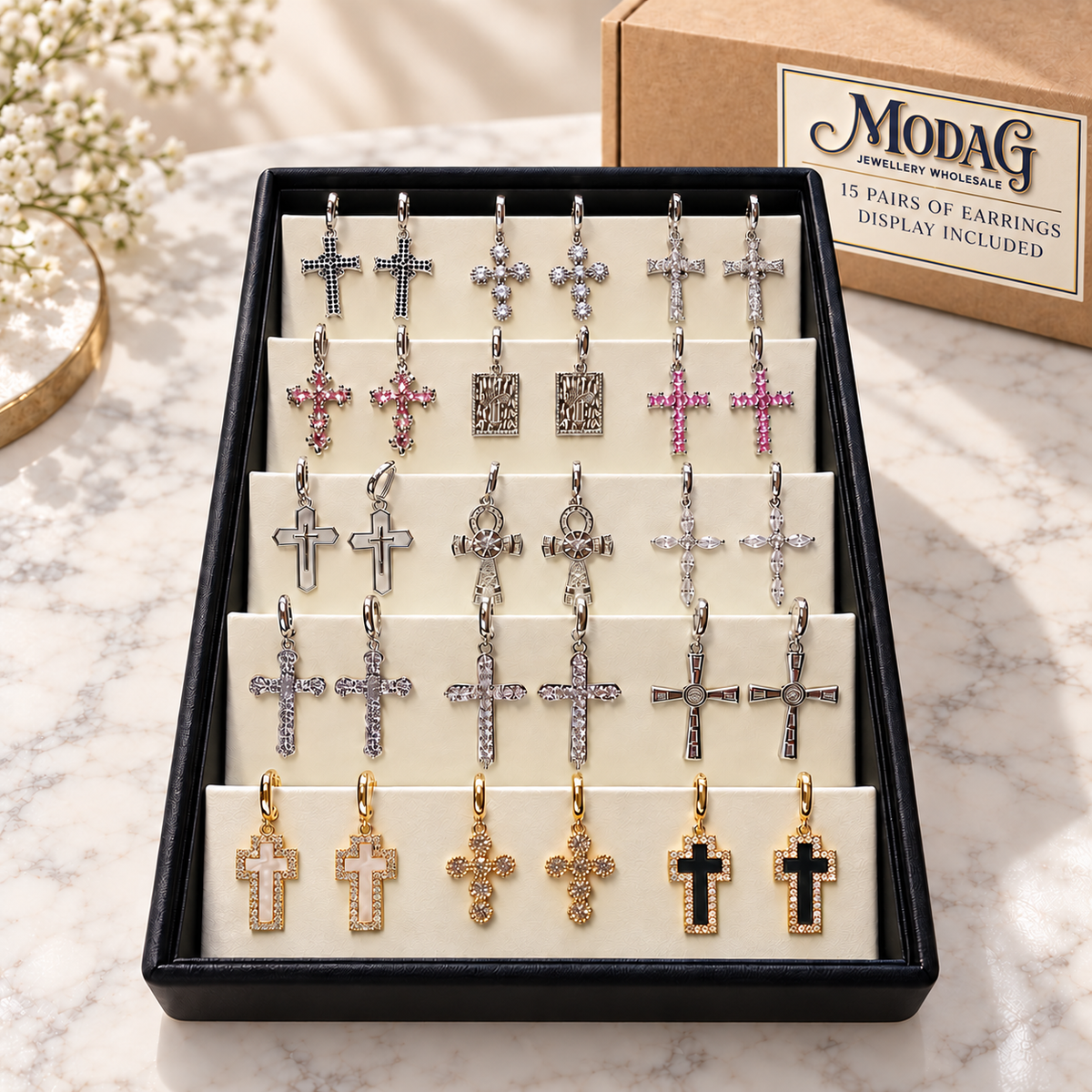 Crystal Cross Earrings — Display of 15 Pairs — MODA G Jewellery wholesale packaging