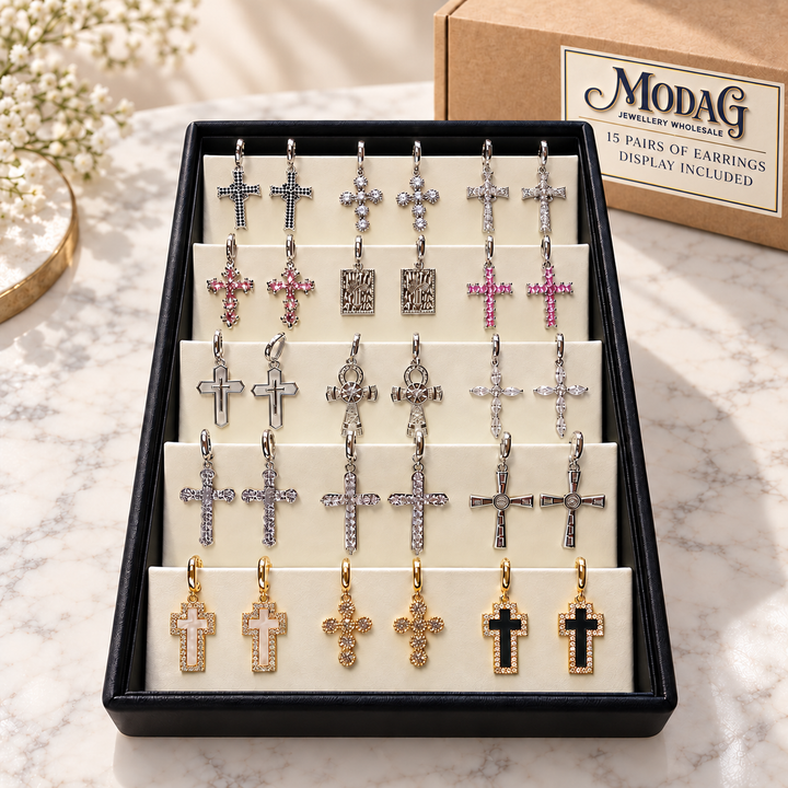 Crystal Cross Earrings — Display of 15 Pairs — MODA G Jewellery wholesale packaging