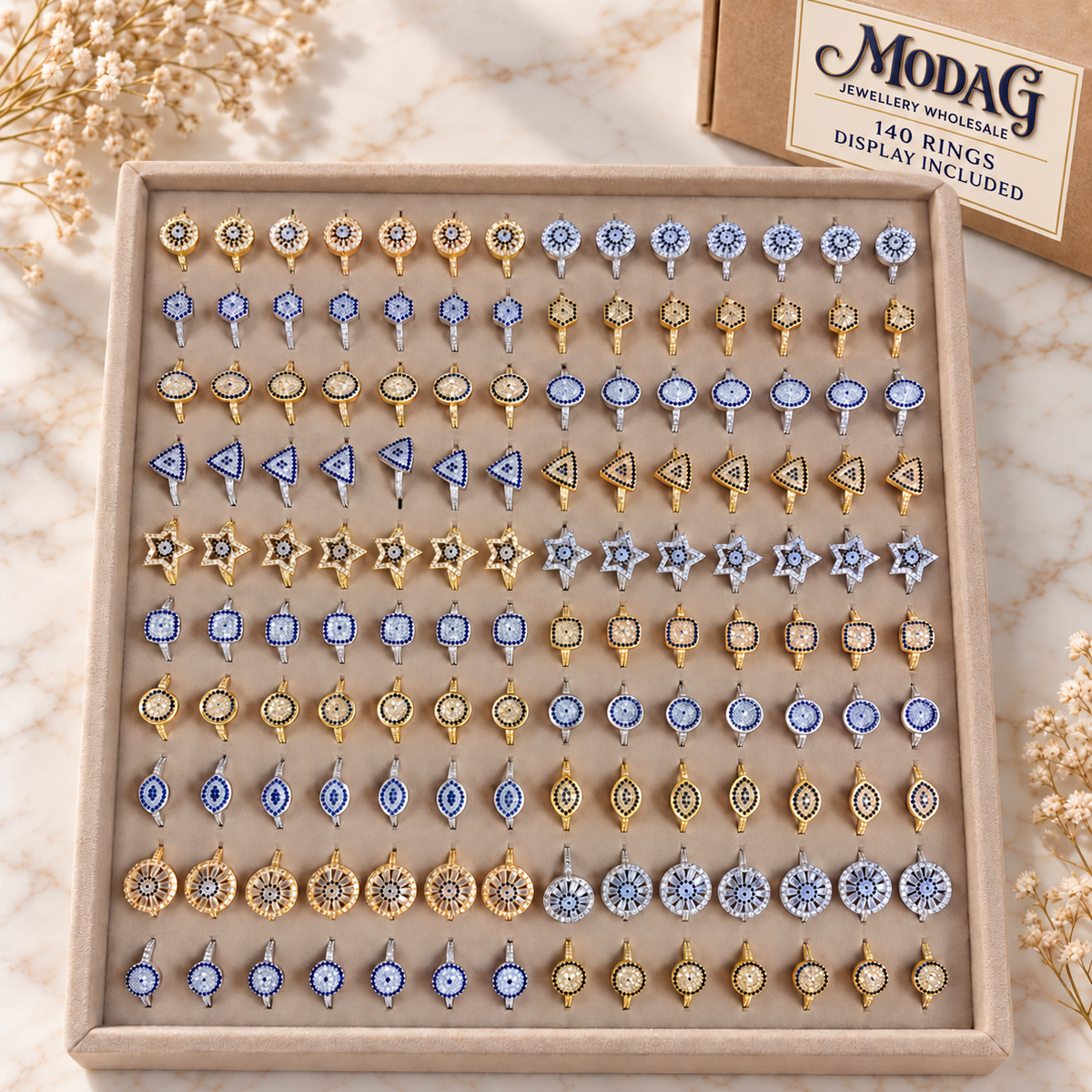 Evil Eye Geometric Rings — Assortment B — Display of 140 — MODA G Jewellery wholesale packaging