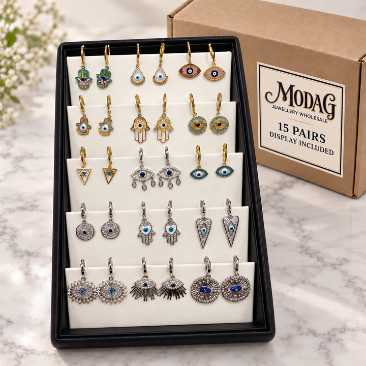 Evil Eye & Hamsa Earrings — Display of 15 Pairs — MODA G Jewellery wholesale packaging