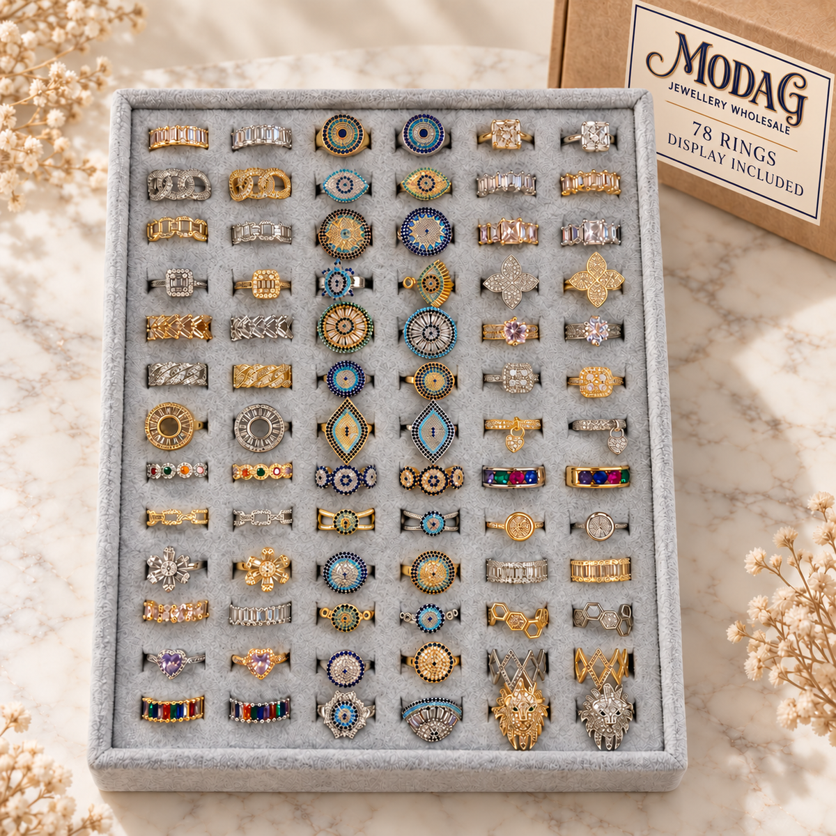 Ornate Evil Eye & Crystal Rings — Assortment C — Display of 78 — MODA G Jewellery wholesale packaging