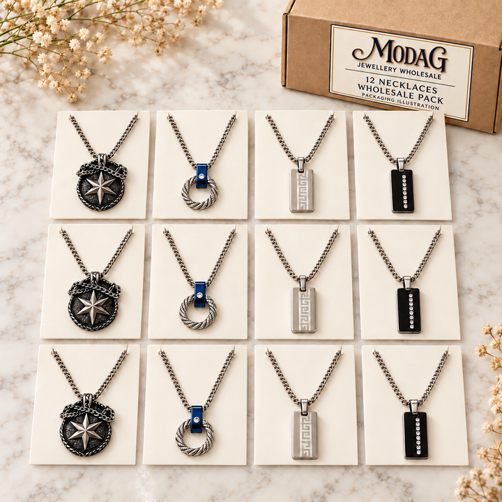 Men’s Stainless Steel Pendant Necklaces — Wholesale 12 Pack — MODA G Jewellery wholesale packaging