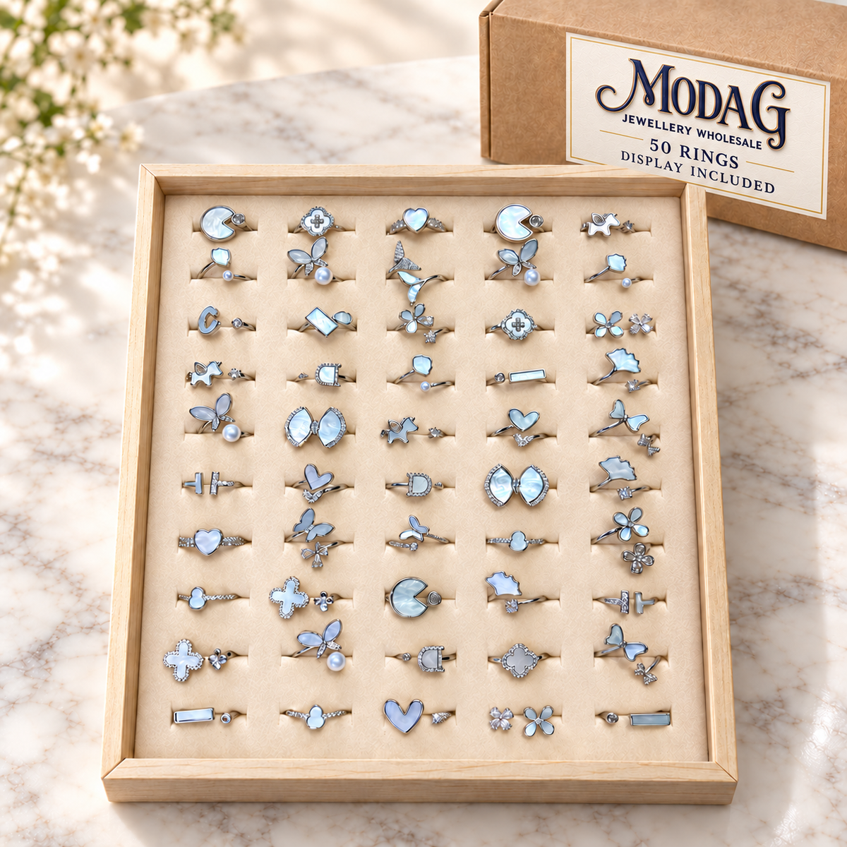 Pearlescent Motif Rings — Display of 50 — MODA G Jewellery wholesale packaging