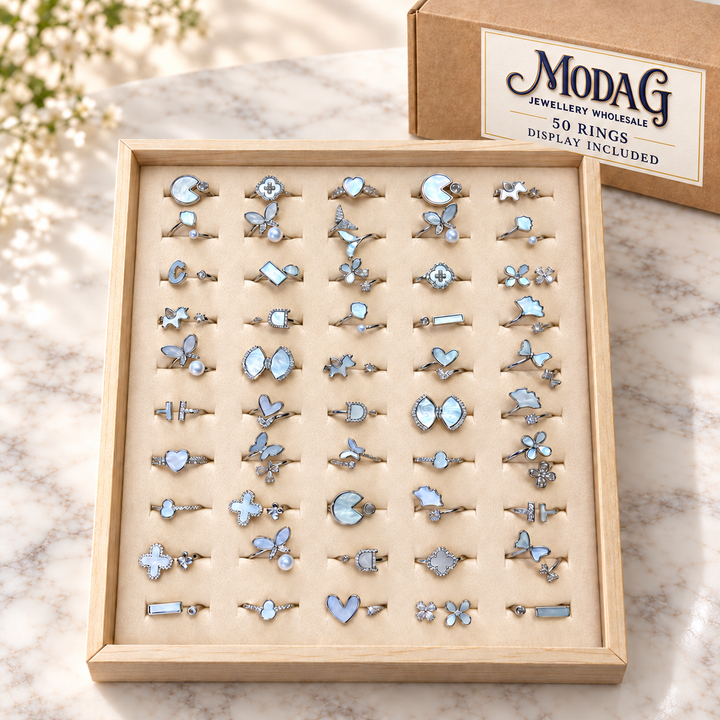 Pearlescent Motif Rings — Display of 50 — MODA G Jewellery wholesale packaging