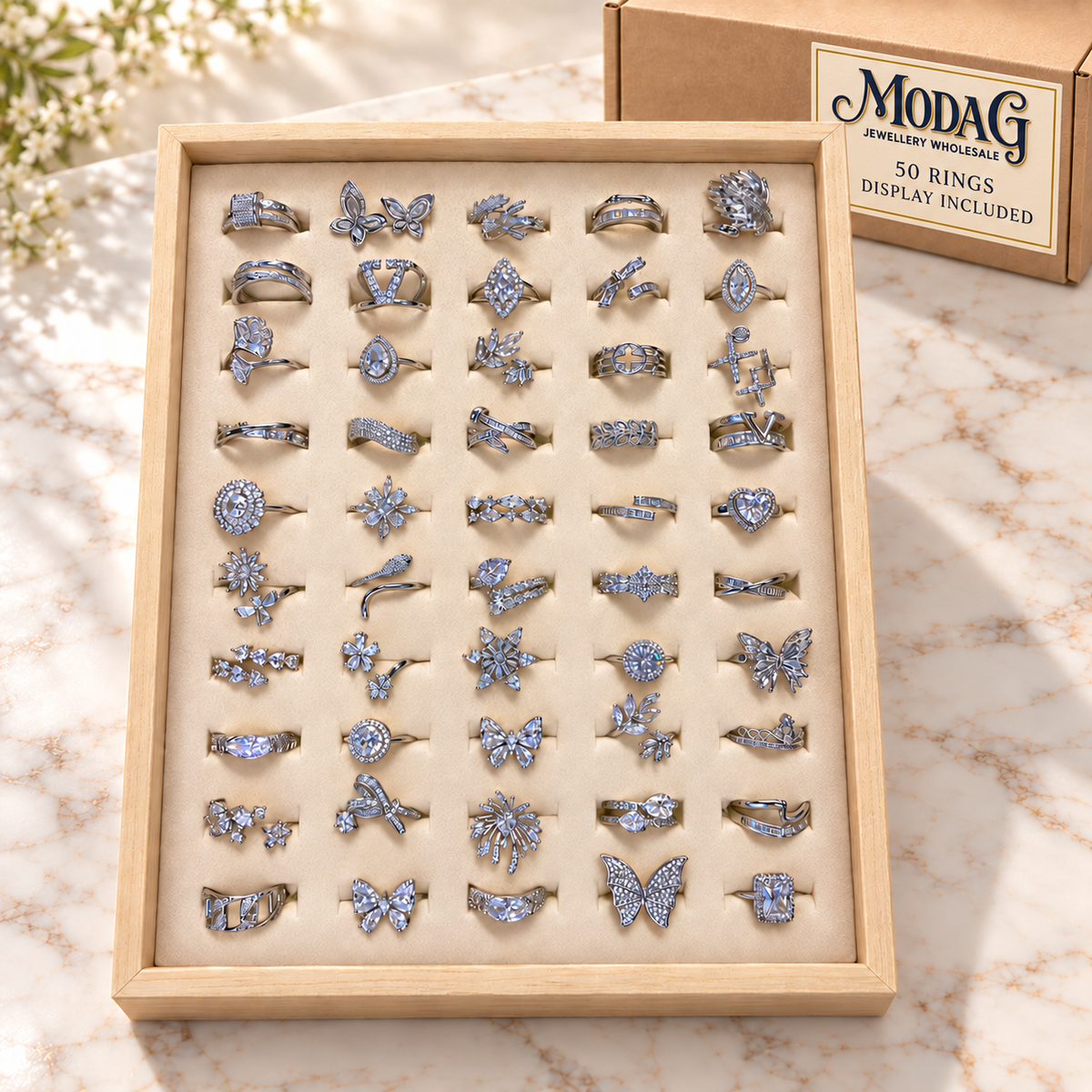 Butterfly & Crystal Rings — Display of 50 — MODA G Jewellery wholesale packaging