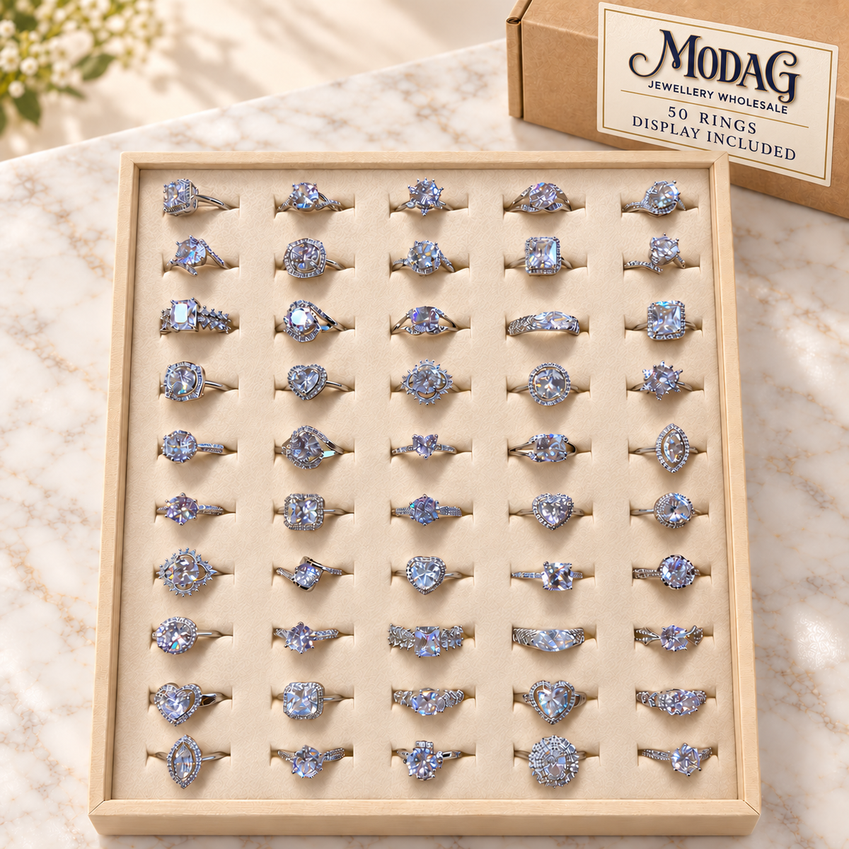 Classic Solitaire-Style Rings — Display of 50 — MODA G Jewellery wholesale packaging