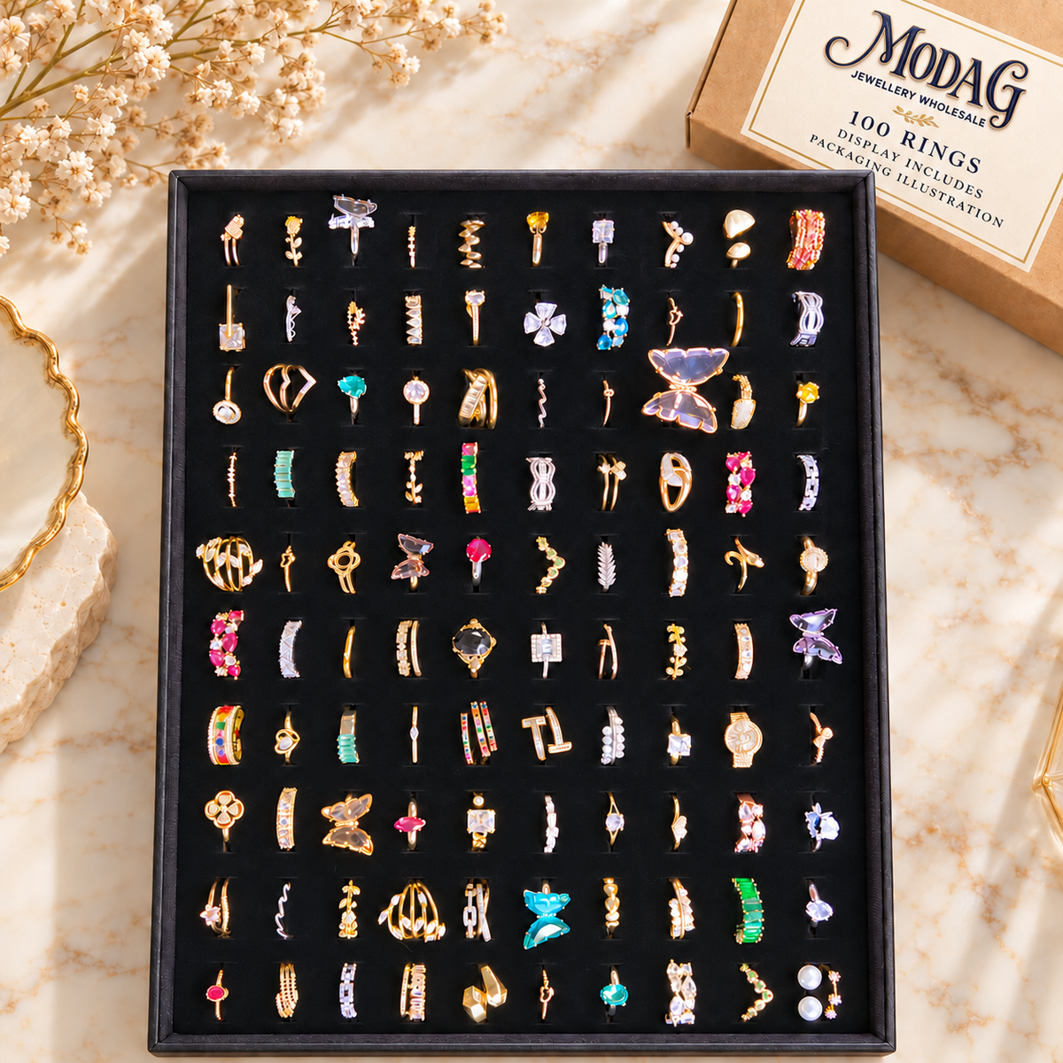 Mixed Gold-Tone & Colourful Rings — Assortment B — Display of 100 — MODA G Jewellery wholesale packaging