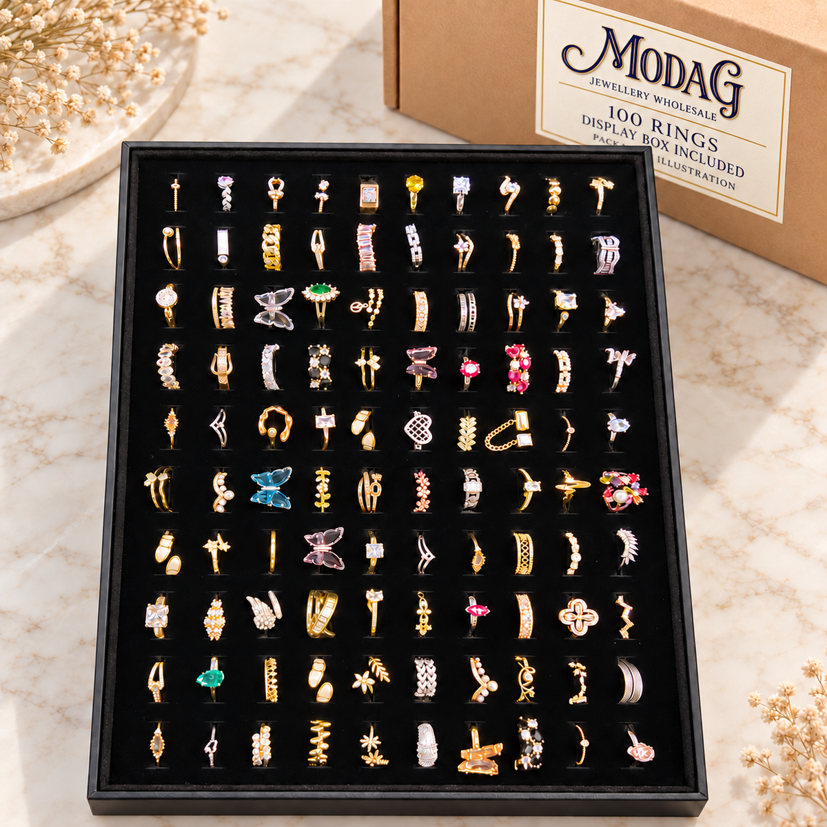 Mixed Gold-Tone & Colourful Rings — Assortment C — Display of 100 — MODA G Jewellery wholesale packaging