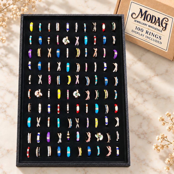 Colourful Enamel-Style Rings — Display of 100 — MODA G Jewellery wholesale packaging