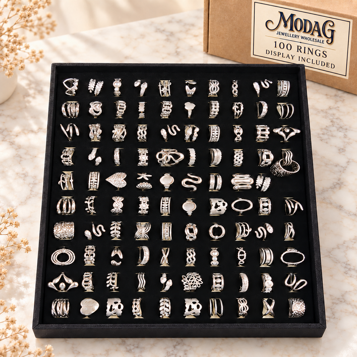 Sculptural Silver-Tone Rings — Display of 100 — MODA G Jewellery wholesale packaging