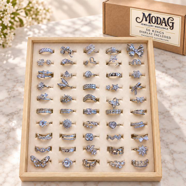 Silver-Tone Crystal Rings — Display of 50 — MODA G Jewellery wholesale packaging