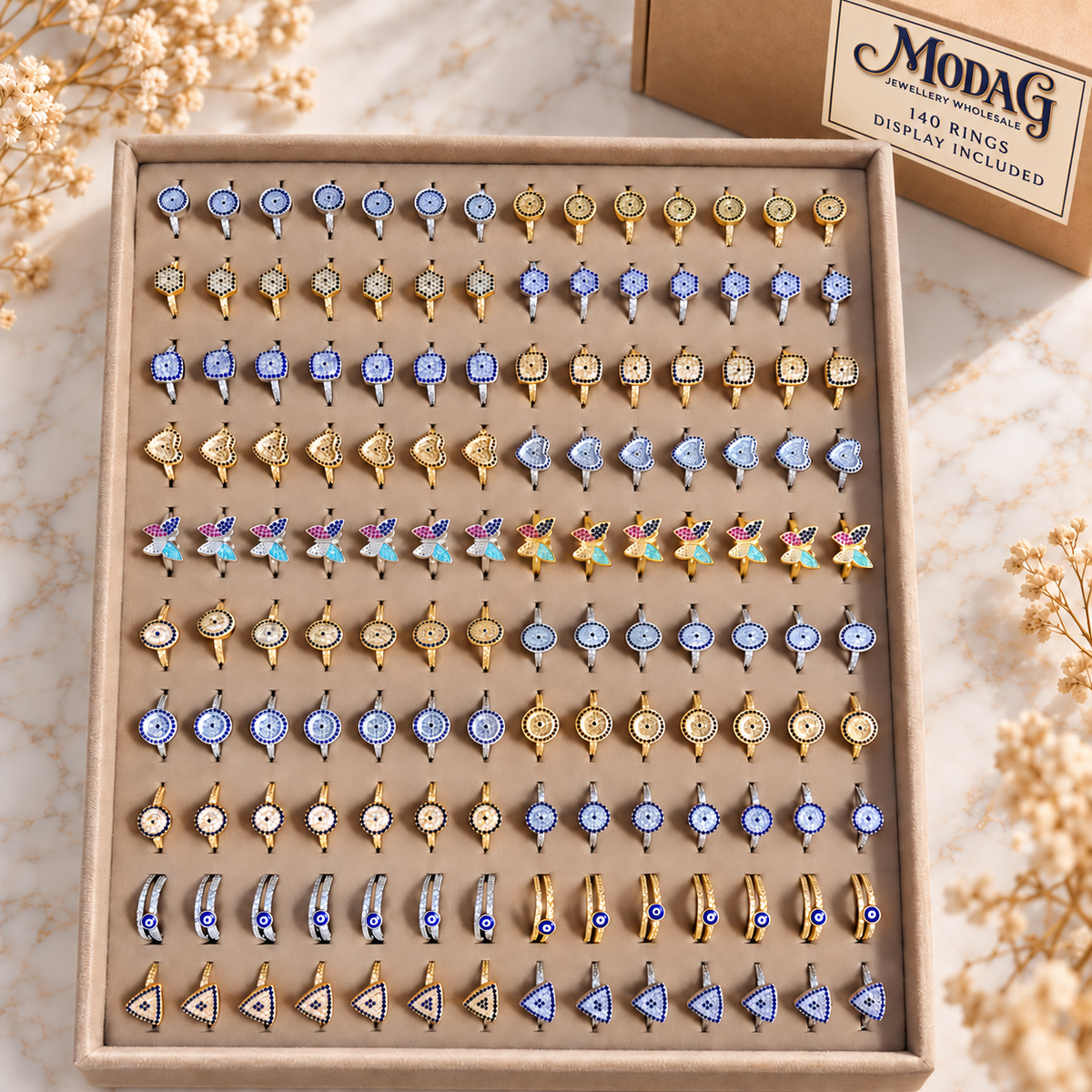 Evil Eye & Butterfly Rings — Assortment A — Display of 140 — MODA G Jewellery wholesale packaging