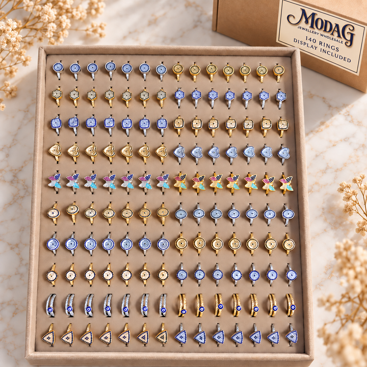 Evil Eye & Butterfly Rings — Assortment A — Display of 140 — MODA G Jewellery wholesale packaging