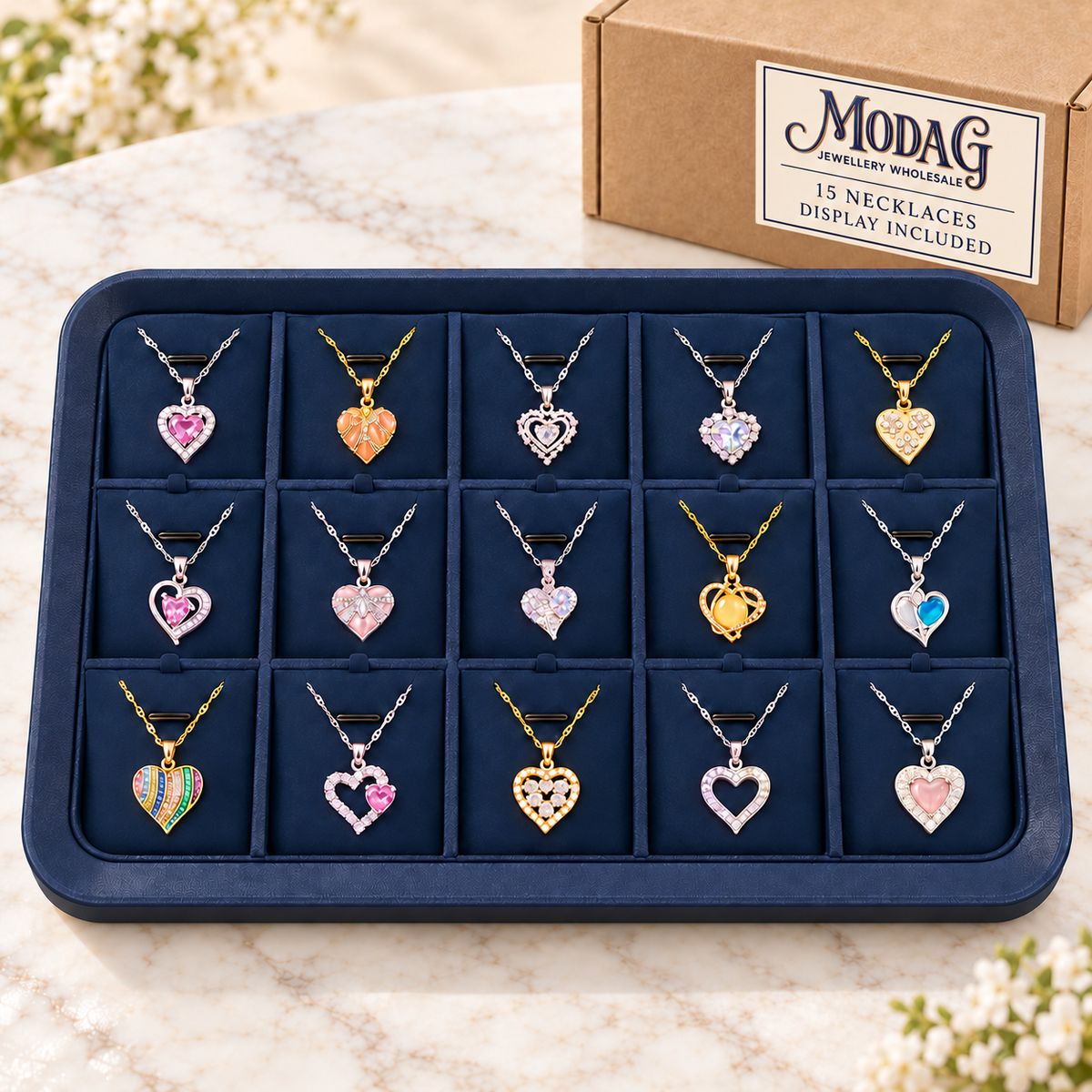 Heart Pendant Necklaces — Display of 15 — MODA G Jewellery wholesale packaging