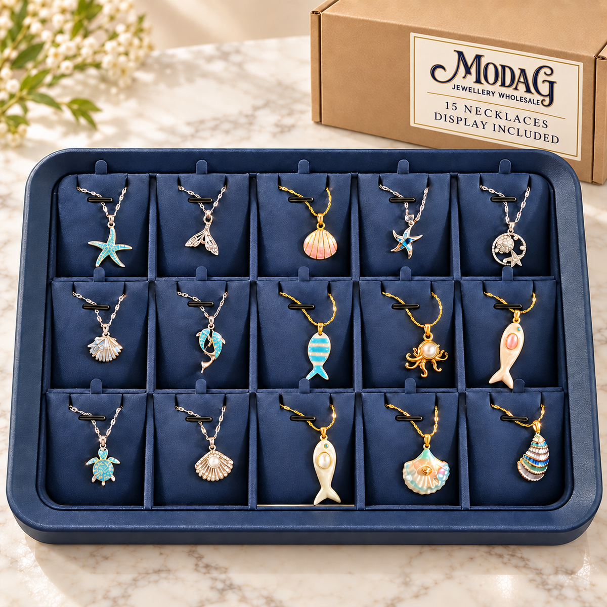 Ocean & Sea-Life Pendant Necklaces — Display of 15 — MODA G Jewellery wholesale packaging