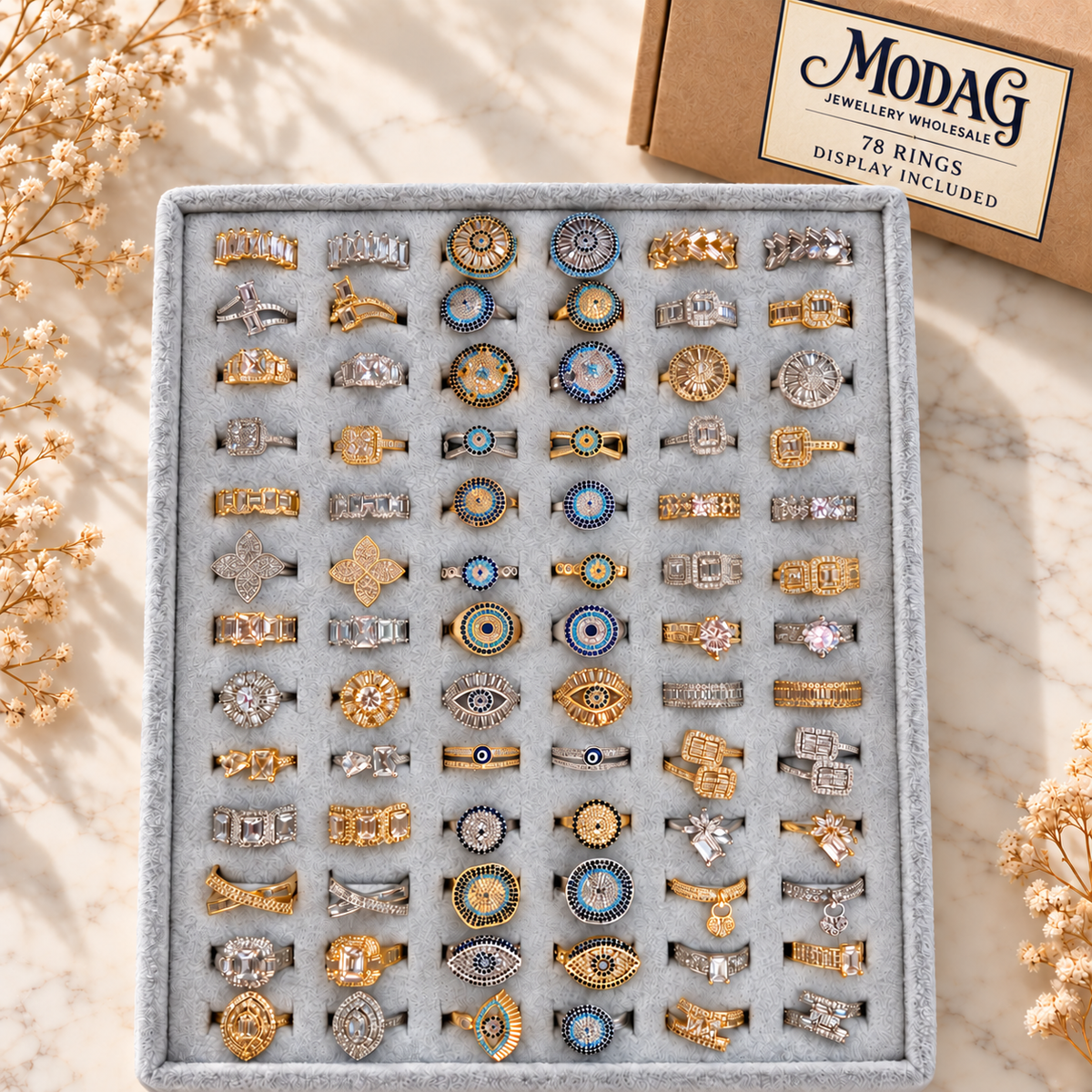 Ornate Evil Eye & Crystal Rings — Assortment A — Display of 78 — MODA G Jewellery wholesale packaging