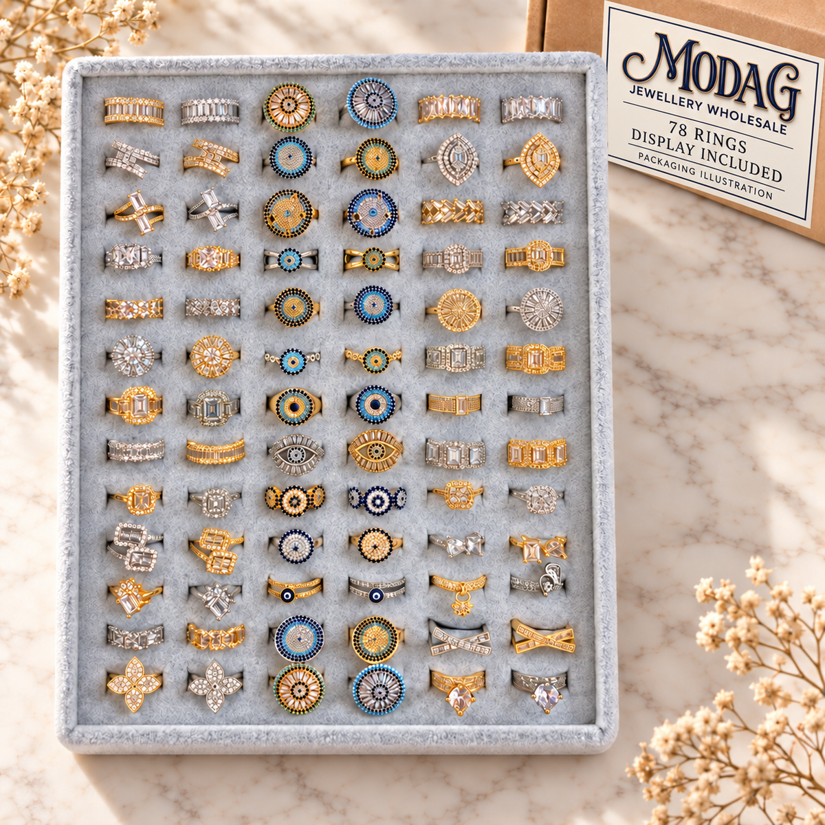 Ornate Evil Eye & Crystal Rings — Assortment B — Display of 78 — MODA G Jewellery wholesale packaging