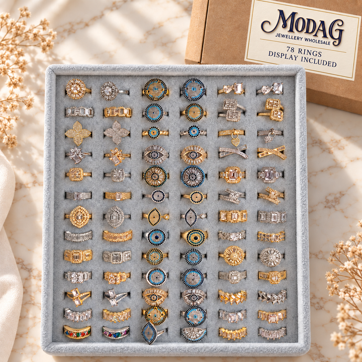 Ornate Evil Eye & Crystal Rings — Assortment D — Display of 78 — MODA G Jewellery wholesale packaging