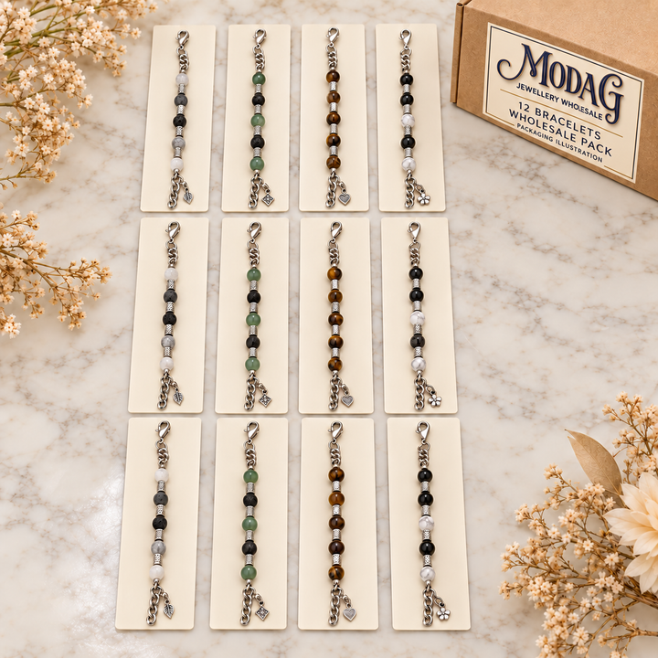 Beaded Stainless Steel Bracelets — Wholesale 12 Pack — MODA G Jewellery wholesale packaging