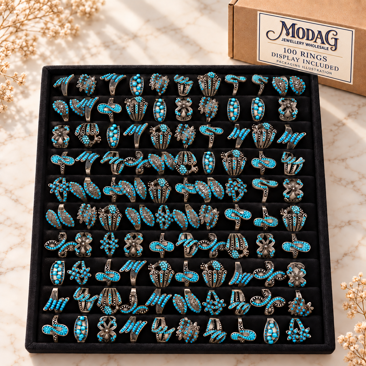Turquoise-Colour Bohemian Rings — Display of 100 — MODA G Jewellery wholesale packaging