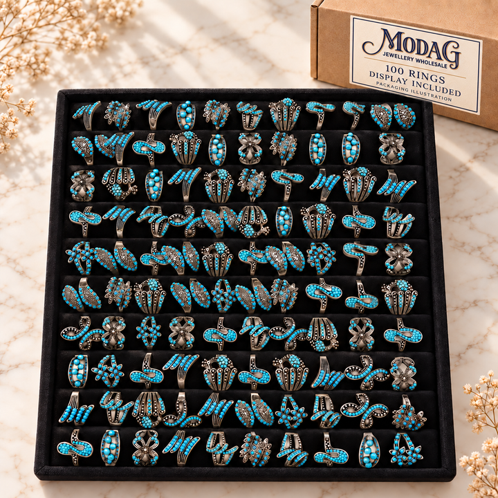 Turquoise-Colour Bohemian Rings — Display of 100 — MODA G Jewellery wholesale packaging