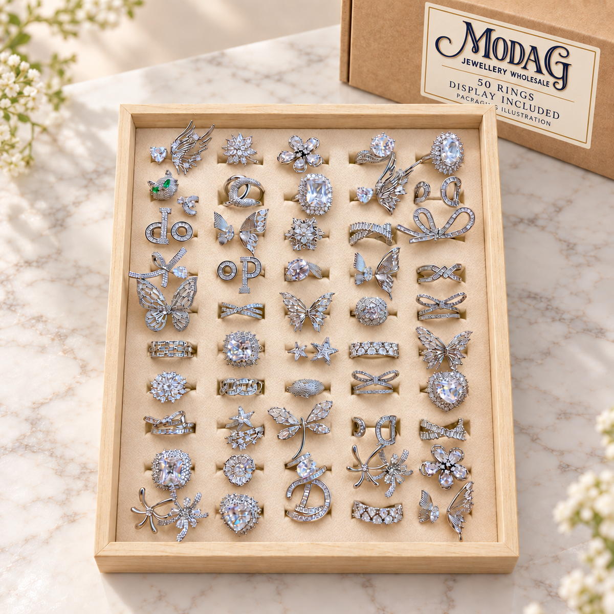 Statement Crystal Rings — Display of 50 — MODA G Jewellery wholesale packaging