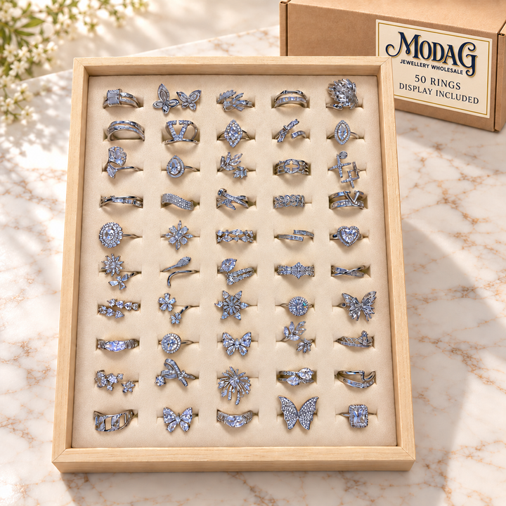 Butterfly & Crystal Rings — Display of 50 — MODA G Jewellery wholesale packaging