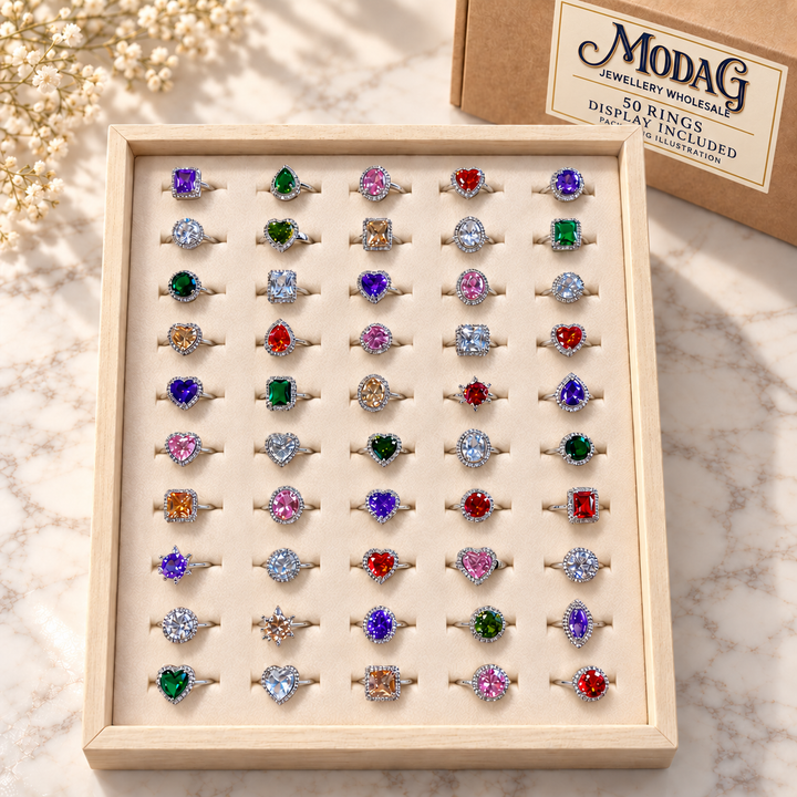 Colourful Crystal Rings — Assortment A — Display of 50 — MODA G Jewellery wholesale packaging