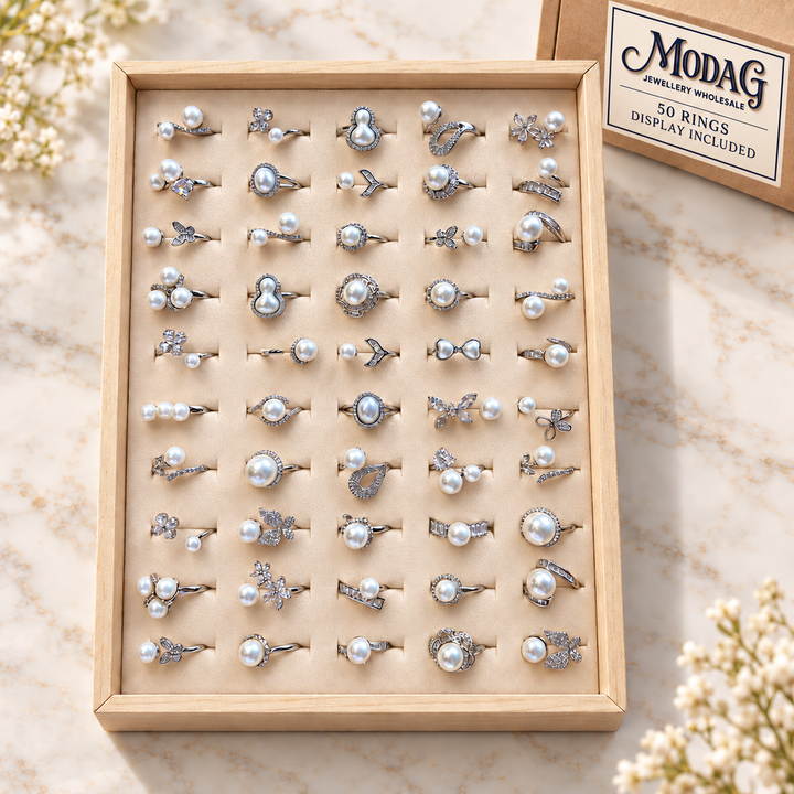 Pearl-Effect Rings — Display of 50 — MODA G Jewellery wholesale packaging
