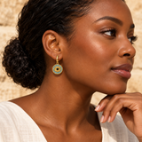 Evil Eye & Hamsa Earrings — Display of 15 Pairs — AI-generated model styling of a sample design from the assortment