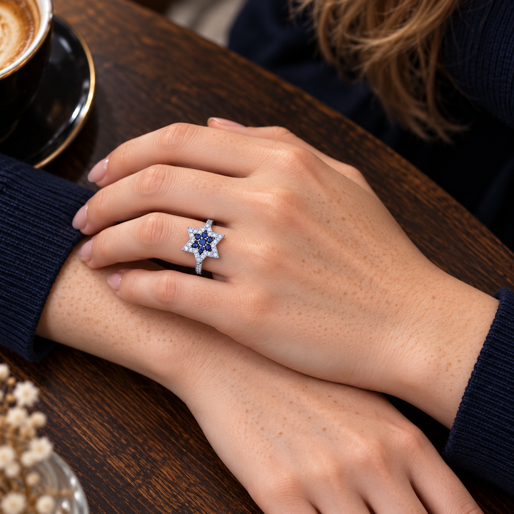 Evil Eye & Star Rings — Assortment C — Display of 140 — AI-generated model styling of a sample design from the assortment