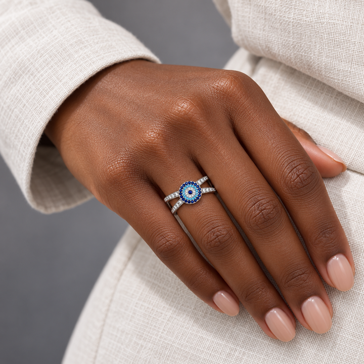 Ornate Evil Eye & Crystal Rings — Assortment A — Display of 78 — AI-generated model styling of a sample design from the assortment