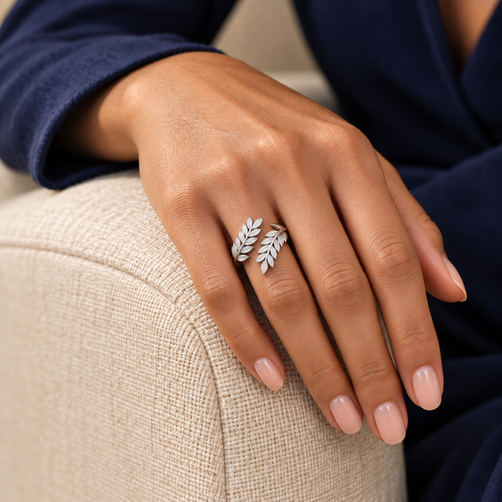 Sculptural Silver-Tone Rings — Display of 100 — AI-generated model styling of a sample design from the assortment