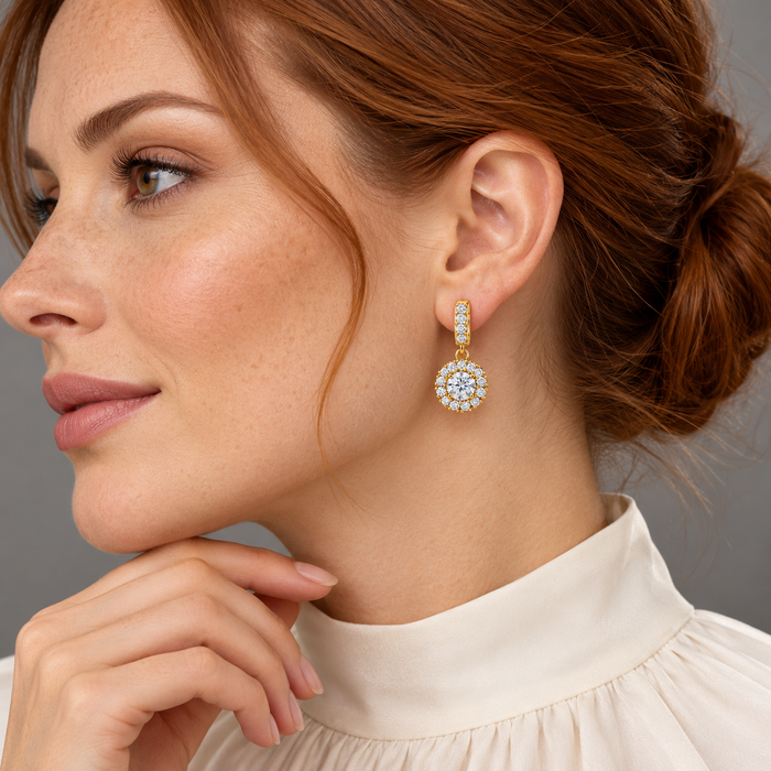 Zircon Earrings — Box of 12 — AI-generated model styling of a sample design from the assortment