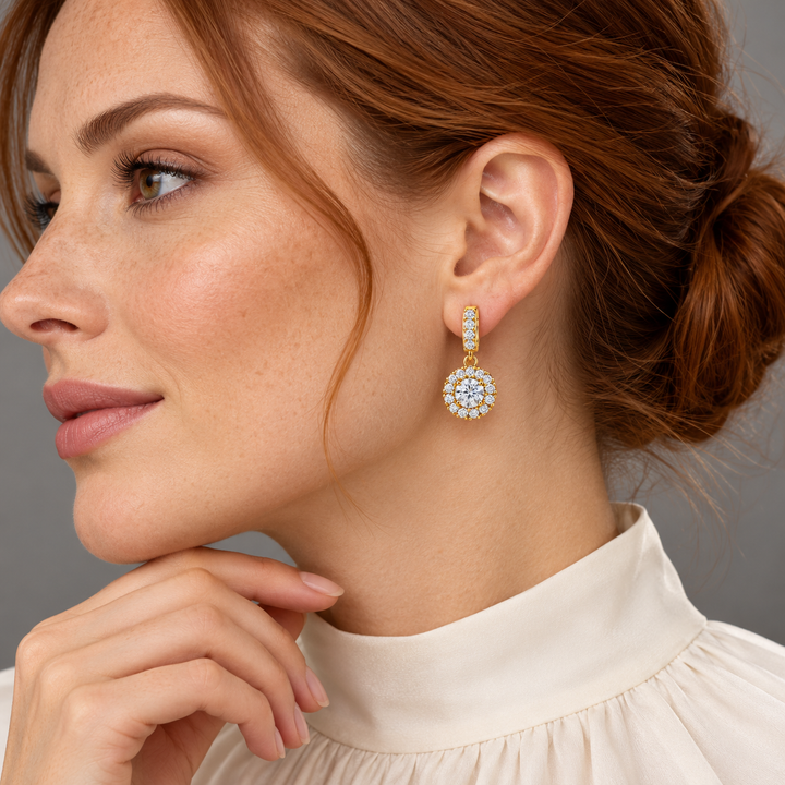 Zircon Earrings — Box of 12 — AI-generated model styling of a sample design from the assortment