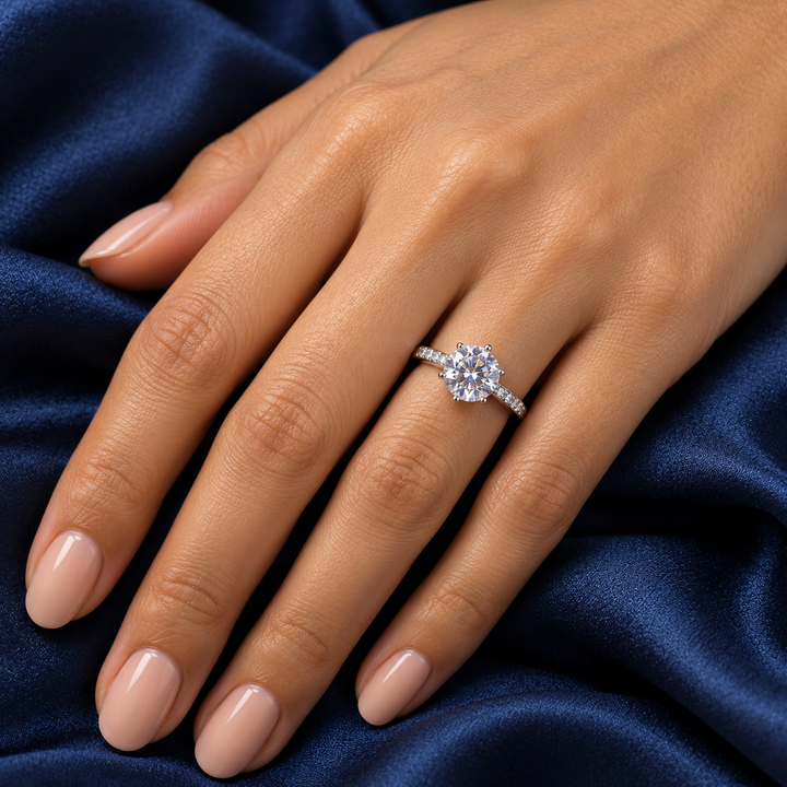 Classic Solitaire-Style Rings — Display of 50 — AI-generated model styling of a sample design from the assortment