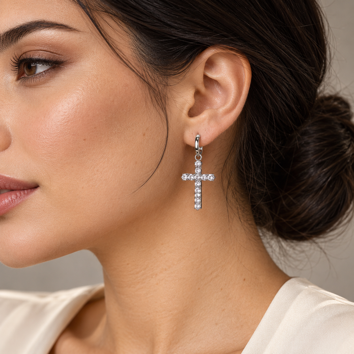 Crystal Cross Earrings — Display of 15 Pairs — AI-generated model styling of a sample design from the assortment